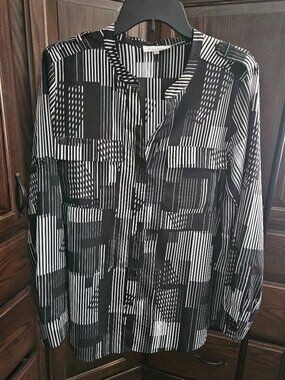 Calvin Klein Large Black White Geometric Print Button Down Blouse Shirt